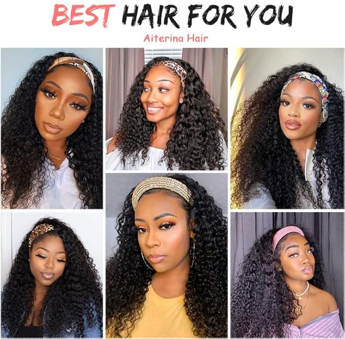 Aiterina 22Inch Headband Wigs Human Hair Deep Wave Wig Glueless Headband Wig Deep Wave None Lace Front Wigs Headband Wig Machine Made Wigs Curly Hair Natural Color