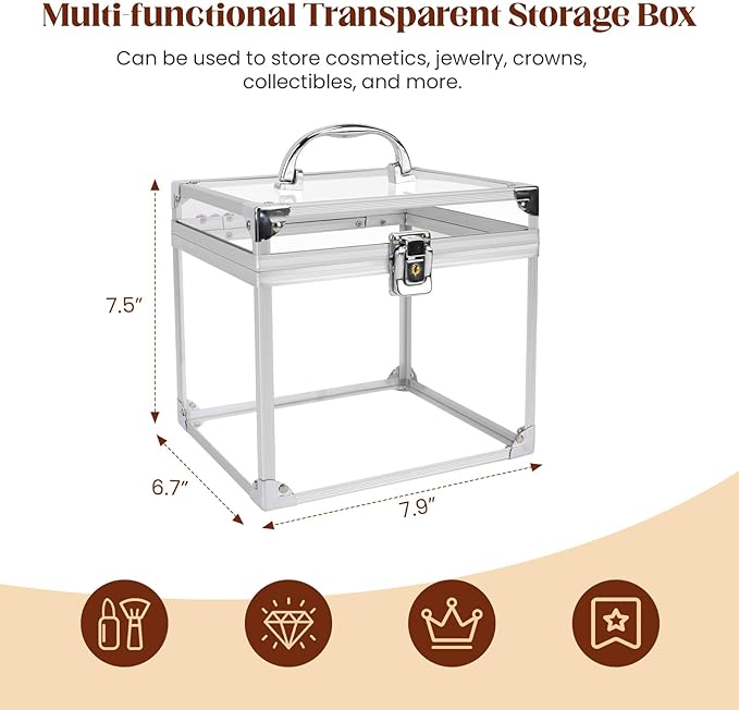 Donghome Crown Box 7.9 x 6.7 x 7.5inch, Clear Makeup Case,Cosmetic Organizer, Large Capacity Transparent Acrylic Artists Display Case for Vanity,Bathroom Counter or Dresser,Silver