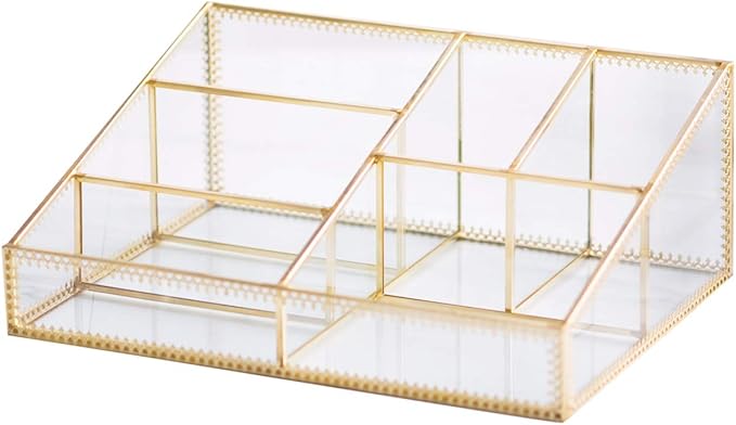 Levilan Makeup Organizer Antique Countertop Cosmetic Storage Box Glass Beauty Display, Gold Spin Large Capacity Holder for Brushes Lipsticks Skincare Toner