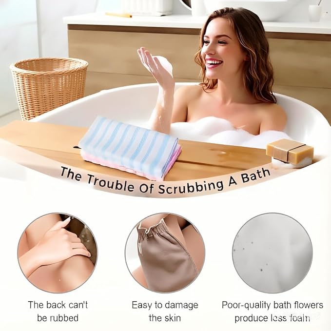 Exfoliating Body Scrubber, Back Scrubber for Shower, Japanese Exfoliating Washcloth Towel, Loofah Sponge Net Body Exfoliator for Men Women+Free Loofah Dish Towel (4Pcs Long Bath Towel)