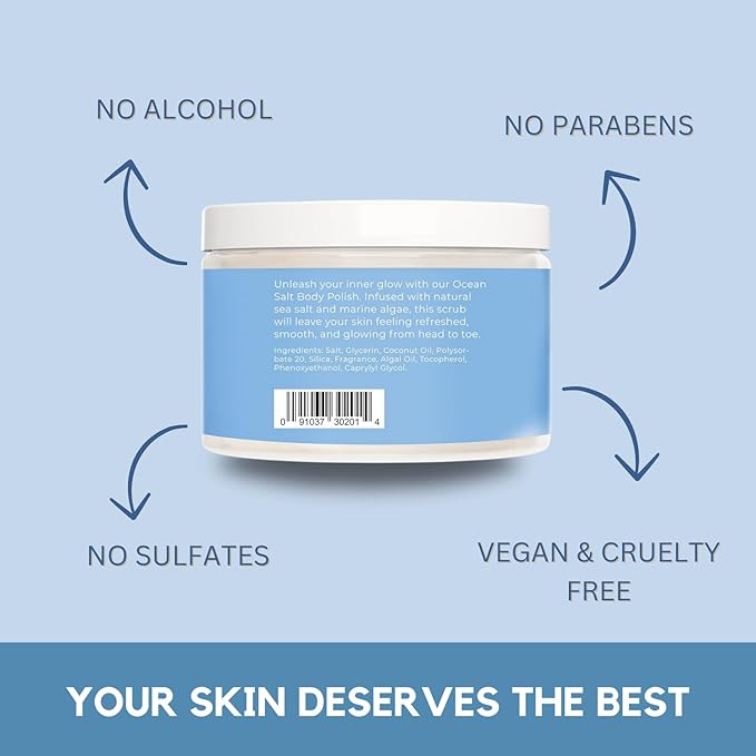 Sea Salt Body Scrub by Florida Suncare - Ocean Salt Body Polish Infused with Marine Algae - Exfoliating Face and Body Scrub - Facial Scrub Exfoliator to Tackle Acne (Coconut, 3.3 oz)