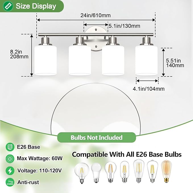 Zarbitta 4-Light Bathroom Light Fixtures, Brushed Nickel Modern Vanity Lights with Milky White Frosted Glass Shades, Bathroom Wall Lamp for Mirror Kitchen Living Room
