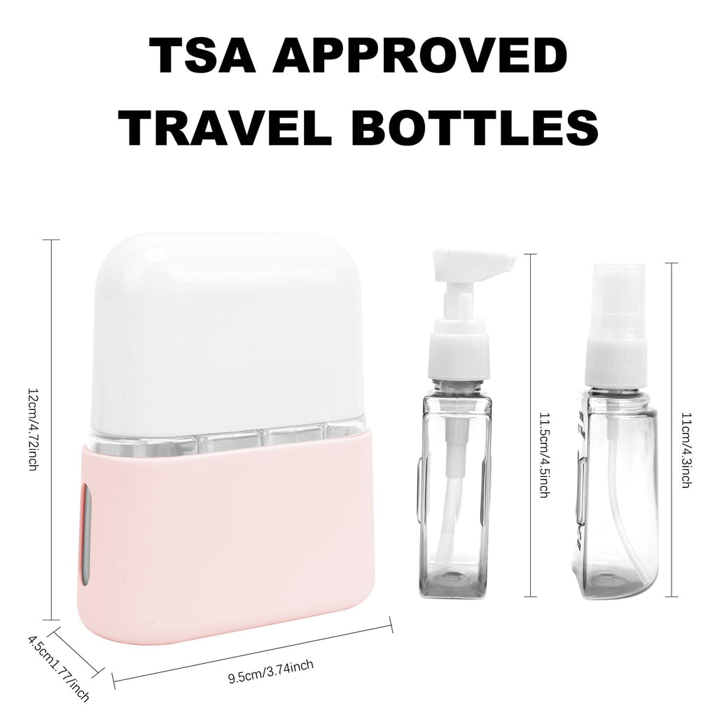 Skycase Travel Bottles - Leak Proof Refillable Tsa Approved Travel Size Toiletries, 4 in 1 Liquid Bottles Containers with Labels and Funnel Airplane Accessories Kits for Lotion Liquid (Pink)