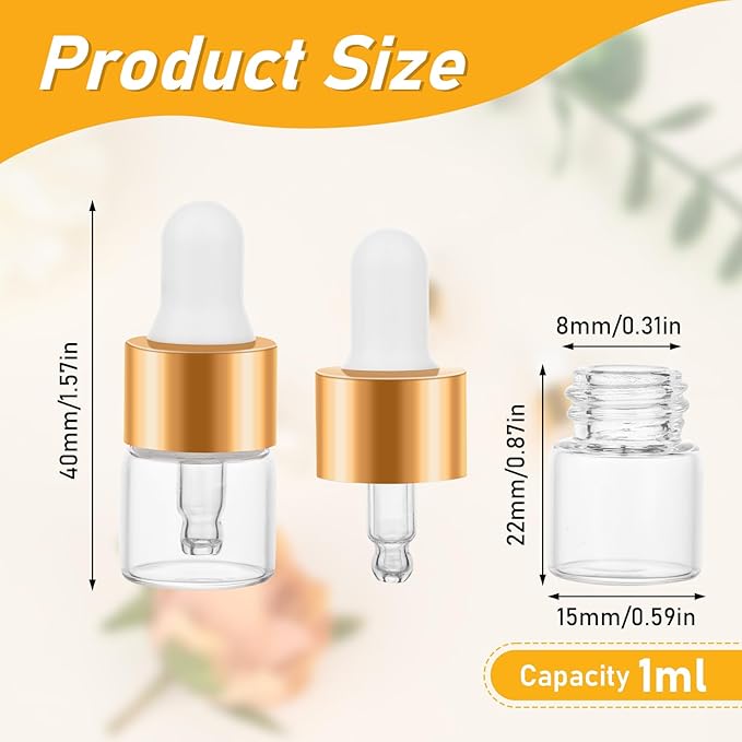COTOM 20 Pack Mini Dropper Bottle for Cuticle Oil, 1ml Small Sample Essential Oil Dropper Bottles for Travel, Clear Empty Vails for Cosmetic Perfume