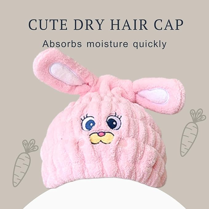 LCBD Microfiber Hair Towel Wrap for Kids, Pink Rabbit Dry Hair Cap Suck Water, Absorbent Quick Girls Boys Hair Drying Towel, Lightweight Bouncy Hat Headscarf for Wet Hair