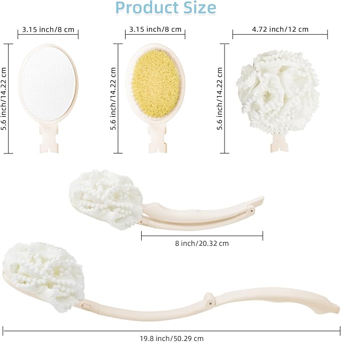 Topfinder Loofah Sponge with Handle,Back Scrubber Brush for Shower, Lotion Applicator for Back,3 in 1 Shower Kit (White loofah)