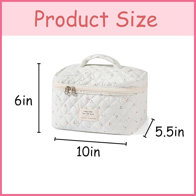 uekeboag Large Travel Quilted Makeup Bag for Women, Floral Cotton Cosmetic Bag, Coquette Aesthetic Floral Toiletry Organizer Bag (White-Cherry)