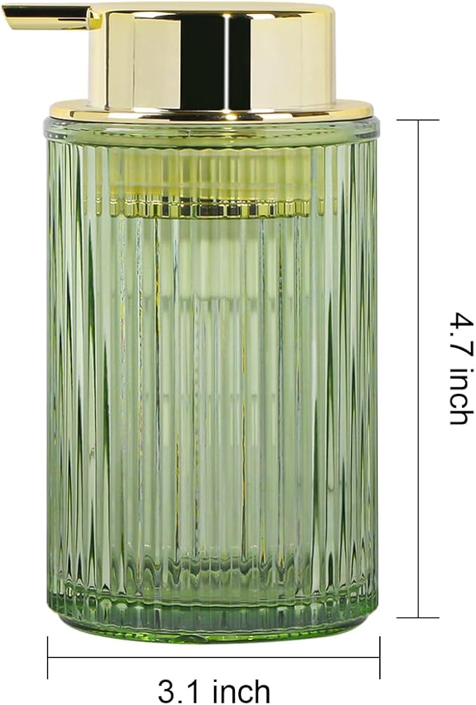 Tonxus Foaming Soap Dispenser, Bathroom Green Glass Foam Soap Dispenser, Refillable 12 Oz Foam Pump Bottle Container with Gold Pump, Decorative Slim Ribbed Dish Soap Dispenser for Kitchen