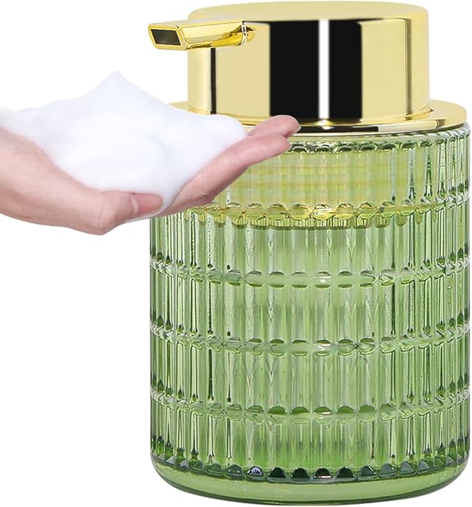 Tonxus Foam Soap Dispenser, Green Glass Foaming Soap Dispenser, 10 Oz Refillable Hand Soap Dispenser Liquid Lotion Pump Container Ribbed Bottle for Bathroom Countertop Decor