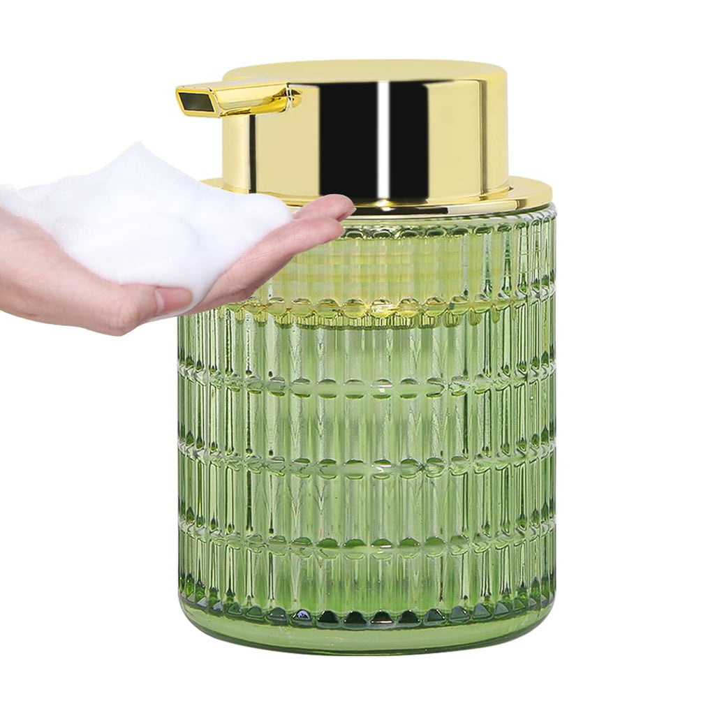 Tonxus Foam Soap Dispenser, Green Glass Foaming Soap Dispenser, 10 Oz Refillable Hand Soap Dispenser Liquid Lotion Pump Container Ribbed Bottle for Bathroom Countertop Decor