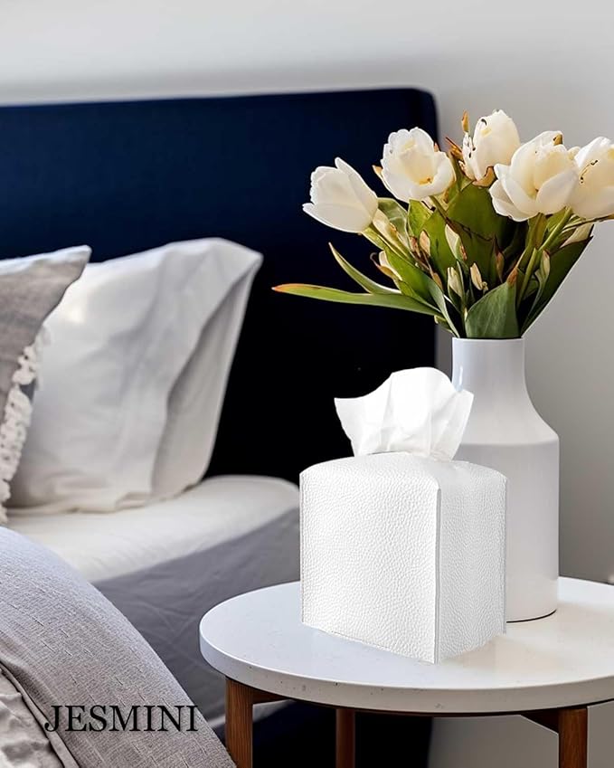 Tissue Holder White Tissue Box Cover – Square Leather Tissue Cover Box with Bottom Belt, Decorative Tissue Box Holder for Modern Home Office Decor