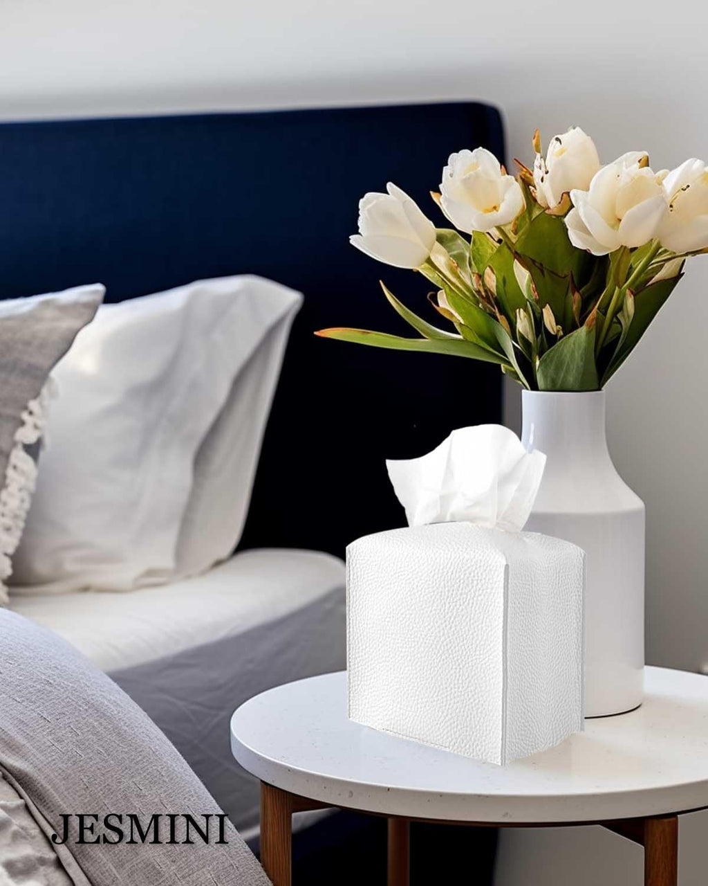JESMINI Tissue Holder White Tissue Box Cover – Square Leather Tissue Cover Box with Bottom Belt, Decorative Tissue Box Holder for Modern Home Office Decor