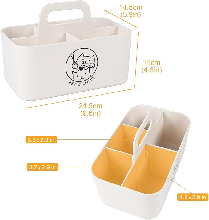 Minimalist White Dog Cat Grooming Supplies Organizer, Portable Caddy with 5 Compartments