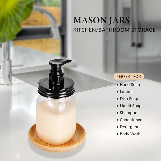 Amolliar Plastic Mason Jar Soap Dispenser with Pump Lid,16OZ Refillable BPA-Free Hand Soap Dispenser Set with Cute Lables - Farmhouse Decor for Kitchen/Bathroom, Liquid Soap,Dish Soap, Lotion