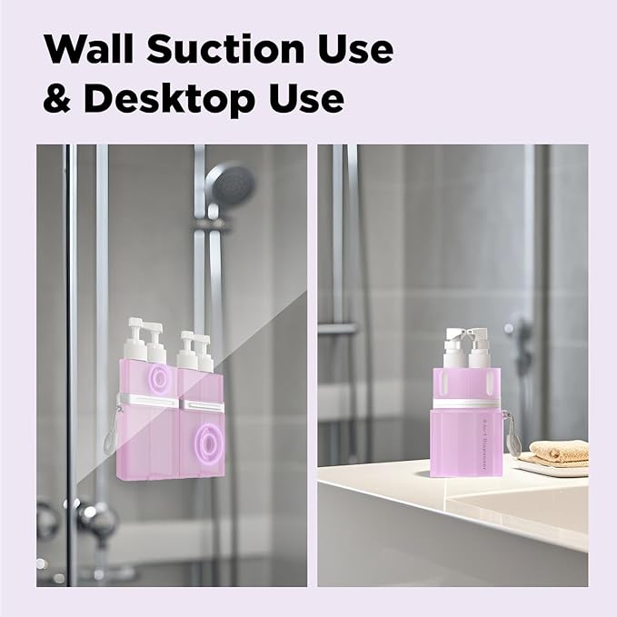 AnOis7ter 4 in 1 Travel Dispenser Bottle, TSA Approved Refillable Shampoo and Conditioner Bottles Set with Suction Cup for Smooth Walls, Travel Size Toiletries Container for Body Wash/Lotion.(Pink)