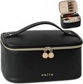 Prite Makeup Bag, Large Capacity Cosmetic Bag for Women and Girls, Waterproof PU Leather Travel Makeup Case, Toiletry Organizer with Handle and Divider for Skincare and Brushes - Black