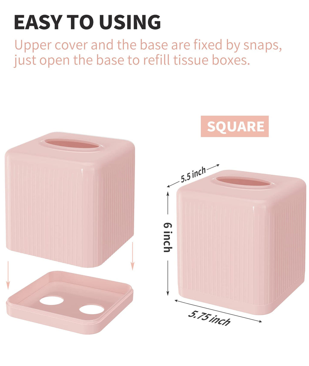Livelab Tissue Box Cover with Base - Square Plastic Holder, Decorative Case, Modern Facial Paper Dispenser for Bathroom, Vanity Countertops, Night Stands, Desk - Pink