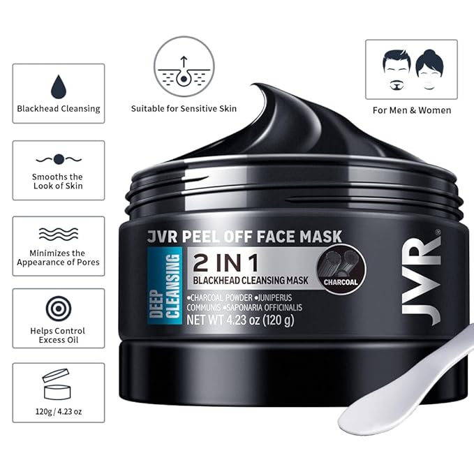 JVR Peel Off Face Mask, Blackhead Mask for Men, Charcoal Peel Off Black Mask, Facial Mask Refreshing and Deep Cleansing for All Skin Types 4.23 OZ