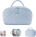 LOVEVOOK Travel Makeup Bag for Women, 2Pcs Puffer Waterproof Cosmetic Organizer, Large Capacity Pouch Open Flat Small Toiletry Bag with Brush Compartment & Handle (Blue, Medium)