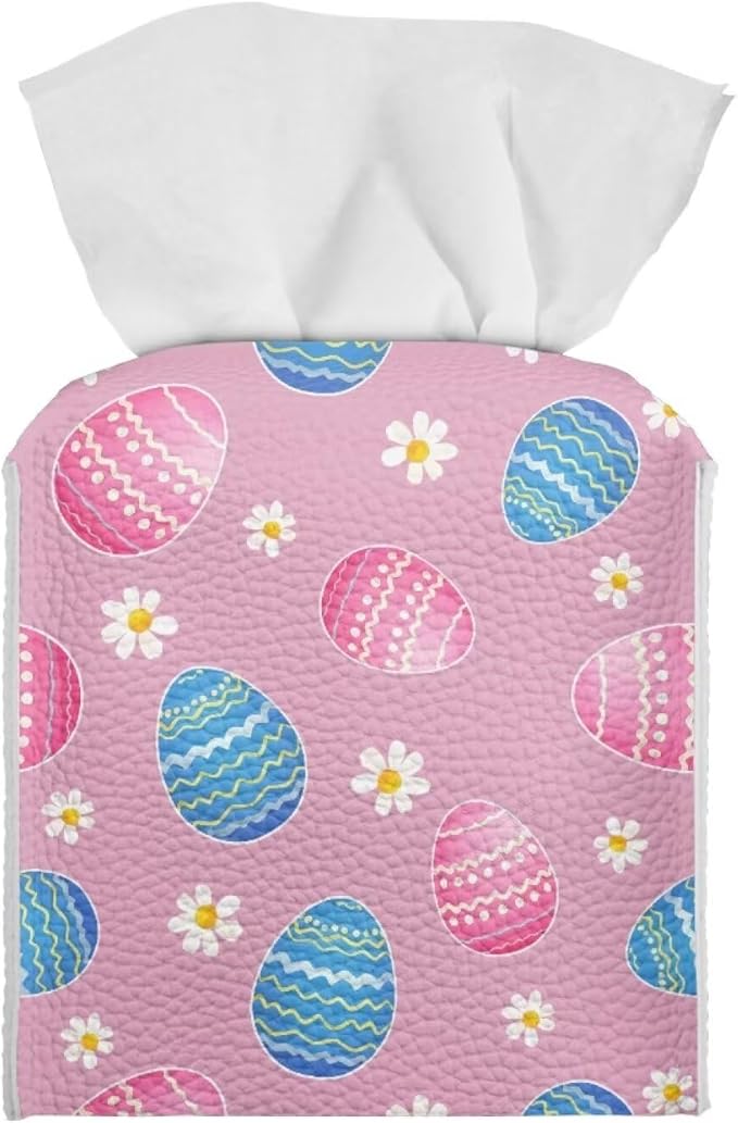 Pink Eggs Flower Tissue Box Case PU Leather Square Modern Asthetic Tissue Box Cover with Metal Button Waterproof Napkin Organizer for Home Office Car Bathroom Decor