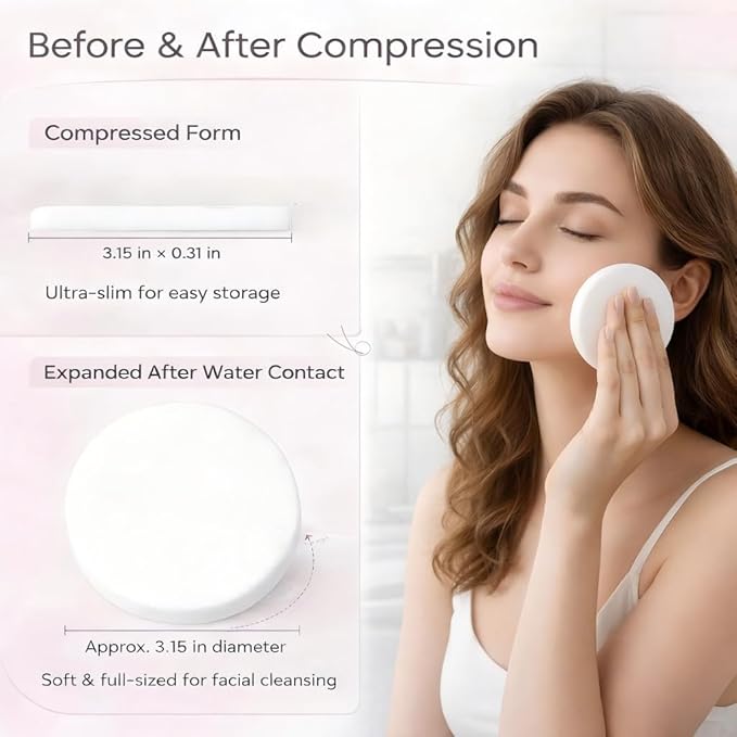 KarsJeGu 120 PCS Compressed Facial Sponges, Natural Cellulose Face Cleaning Pads, Professional Spa-Grade Makeup Remover Sponges for Daily Cleansing,Compact Travel-Friendly Skincare Essentials (White)
