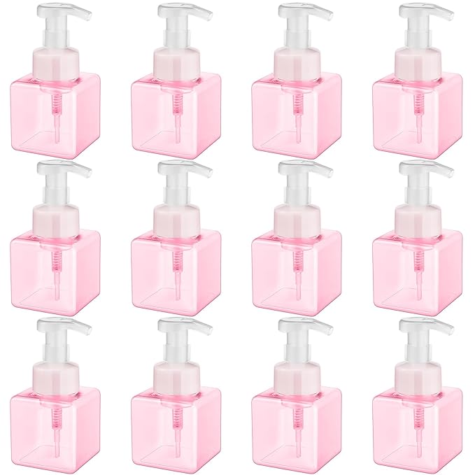 Domensi Foaming Soap Dispenser 8.5 oz Foam Pump Bottle Bulk Empty Travel Foaming Dispenser Refillable Hand Soap Plastic Pump Bottle Travel Clear Container for Bathroom Vanities(12 Pcs,Pink)