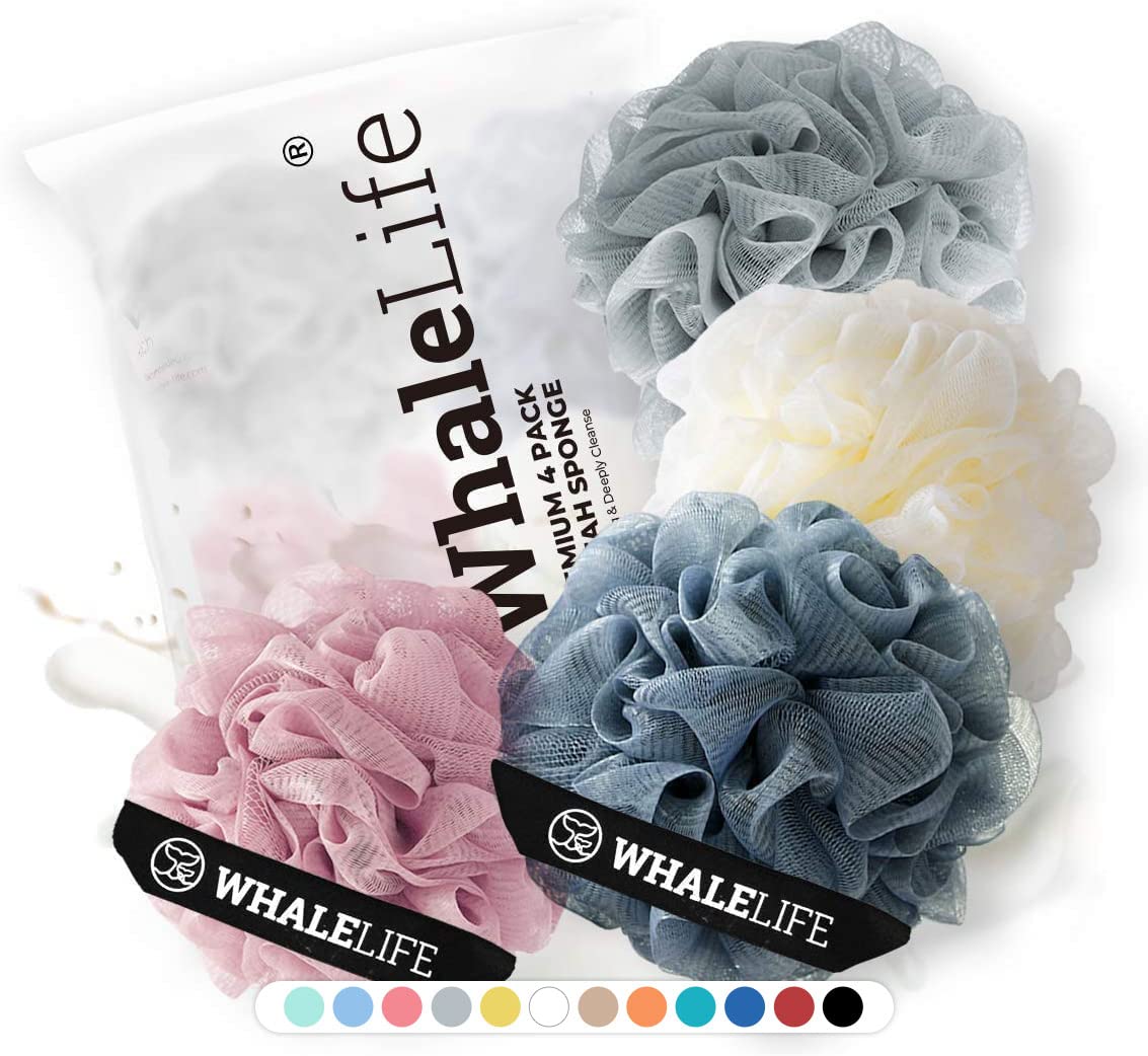 Bath Loofah Sponge for Shower - Body Scrubber 4-Pack Gray Blue Green Purple