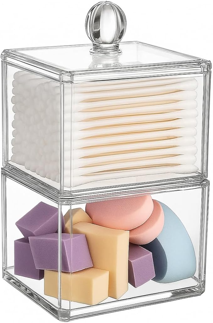 UShioart Stackable Square Acrylic Cotton Ball Holder Q-tip Holder Bathroom Swab Dispenser (Single pack)