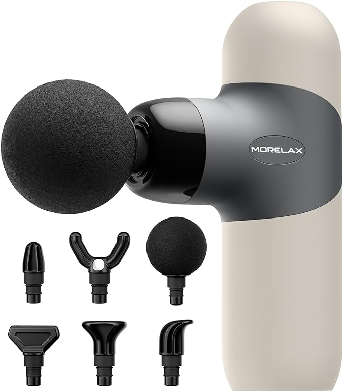 Morelax Mini Massage Gun Deep Tissue, Portable Percussion Muscle Massager for Whole Body Pain Relief, Electric Handheld Sport Massager with 6 Massage Heads 4 Speed, Best Gift (Silver Beige)