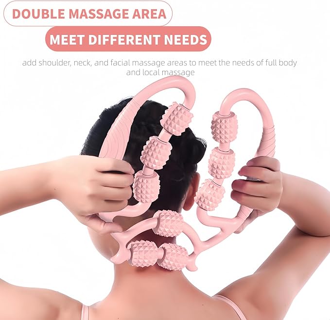 CyanBreeze Full Body Massage Tool with 9 Rollers, Pink Manual Massager for Neck, Shoulder, Back, Arms, Legs, 25cm Length, Double Massage Area Design