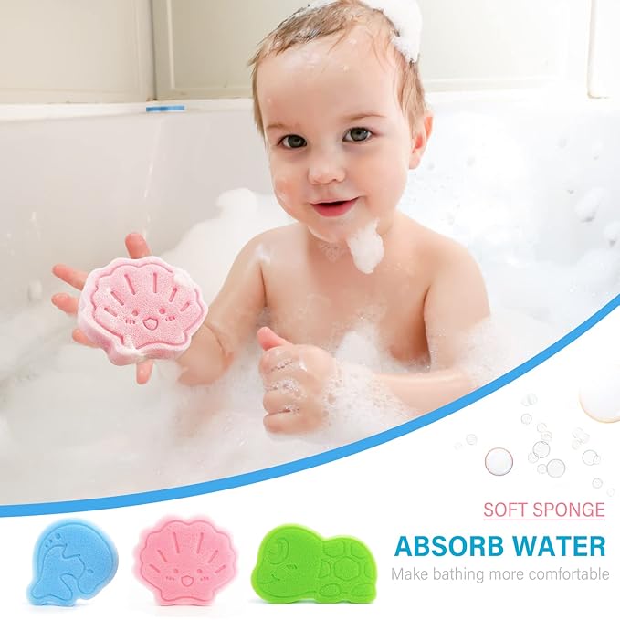 DANCELF Baby Bath Sponge, Natural Cute Shapes Soft Shower Sponges for Bathing, Bathtub Foam for Infants and Toddler, 3pcs: Blue Dolphin, Pink Shell, Green Turtle