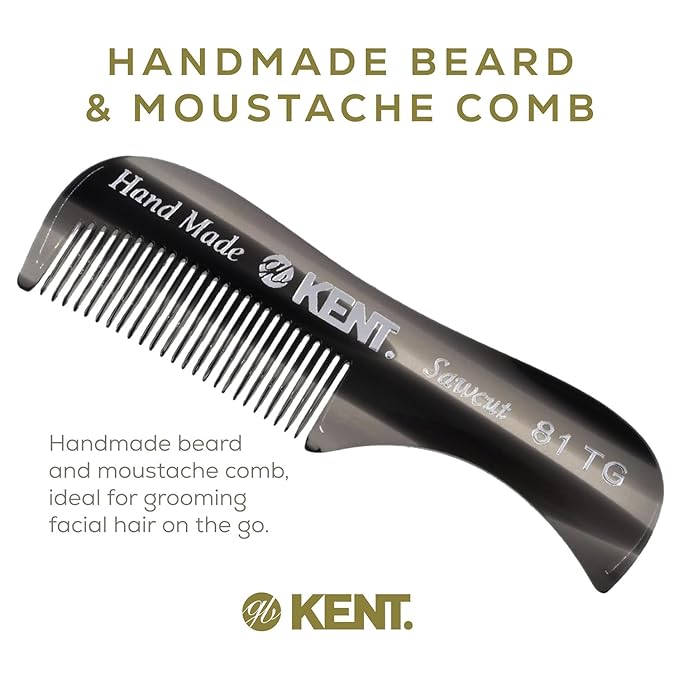 Kent 81T Black Graphite X-Small Beard and Mustache Pocket Comb, Fine Toothed Pocket Size for Facial Hair Grooming and Styling. Saw-cut of Cellulose Acetate, Hand Polished. Hand-Made in England