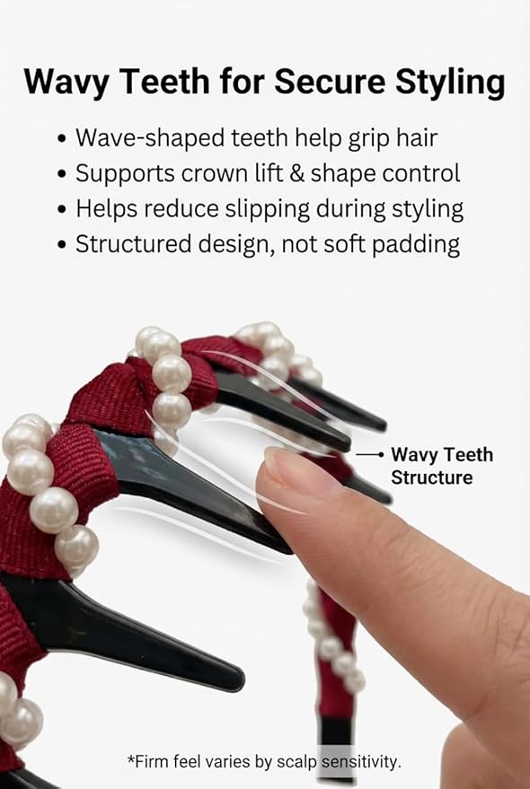 6 Pcs Headbands for Women with Teeth, Non-Slip Wavy Comb Headbands with Teeth, High Skull Hair Bands for Slicked Back & Volume Styling, Pearl Beaded Accessories for Parties, Weddings & Short-Term Wear