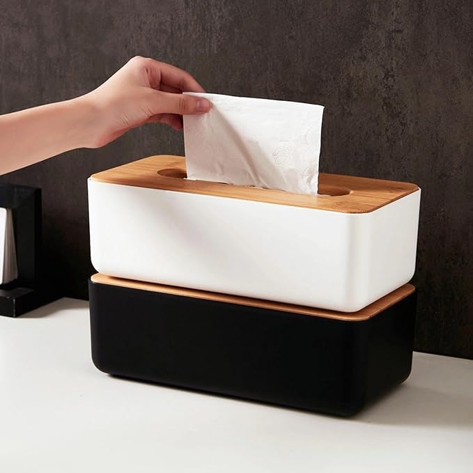 Tissue Box with Bamboo Cover, Plastic Tissue Organizer, Bathroom Tissue Dispenser for Home, Bedroom, Office, Living Room, 8.1 × 4.5 × 3.1 in (White)