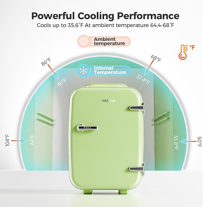 YASHE Mini Fridge, 4 Liter/6 Can Mini Makeup Fridge, 110V AC/ 12V DC Portable Thermoelectric Cooler&Warmer for Skincare, Drink, Cosmetic, Medicine, Small fridge for Bedroom, Office, Dorm, Car, Green