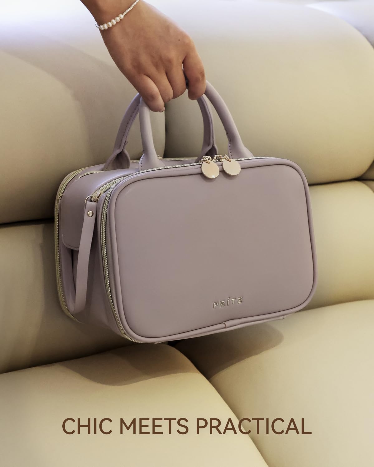 Prite Large Makeup Bag, Waterproof Travel Cosmetic Case with Brush Holder
