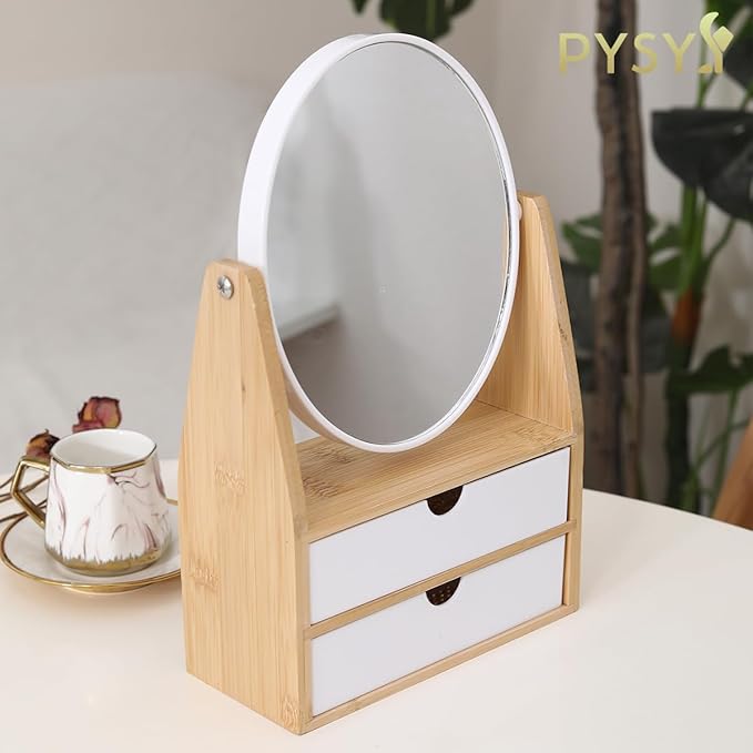 PYSYY 1x / 5X Magnifying Makeup Mirror, Jewelry and Cosmetics Storage Box with Double Drawers, Adjustable Natural Bamboo Stand, 360° rotatable Vertical Desktop Mirror (1, Oval)