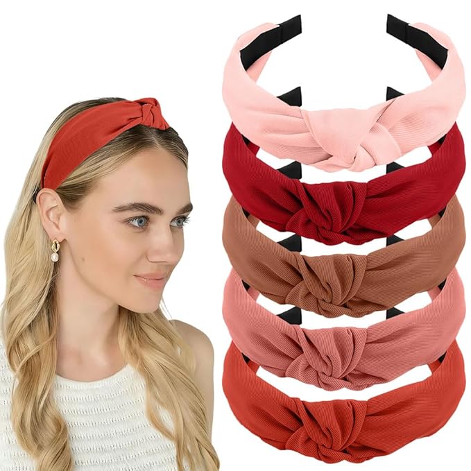 AHONEY 5 Pack Red Knotted Headbands for Women Girls Trendy Fashion Thick Headbands Top Knot Non Slip Cute Hair Accessories Headband Pack Diademas Para Mujer