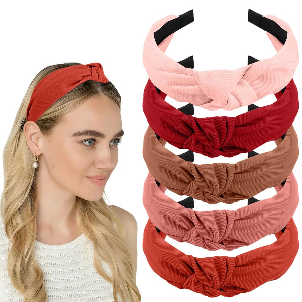 AHONEY 5 Pack Red Knotted Headbands for Women Girls Trendy Fashion Thick Headbands Top Knot Non Slip Cute Hair Accessories Headband Pack Diademas Para Mujer