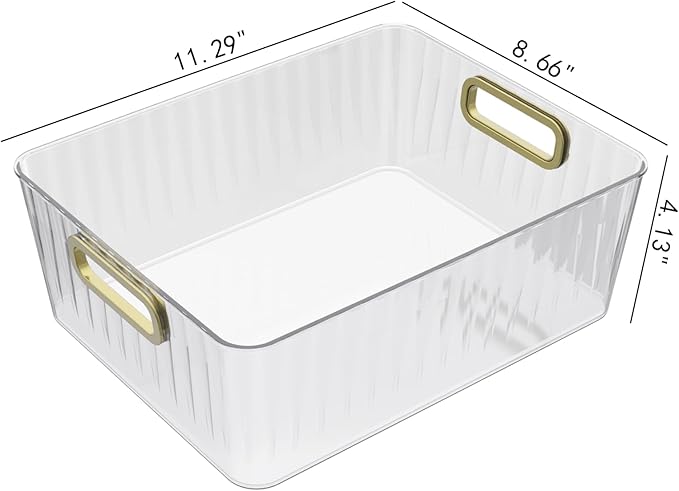 4 Packs Clear Plastic Storage Bins, Pantry, Home, Kitchen, Office, Cabinet, Shelf and Fridge Organizer Basket Bin with Handle