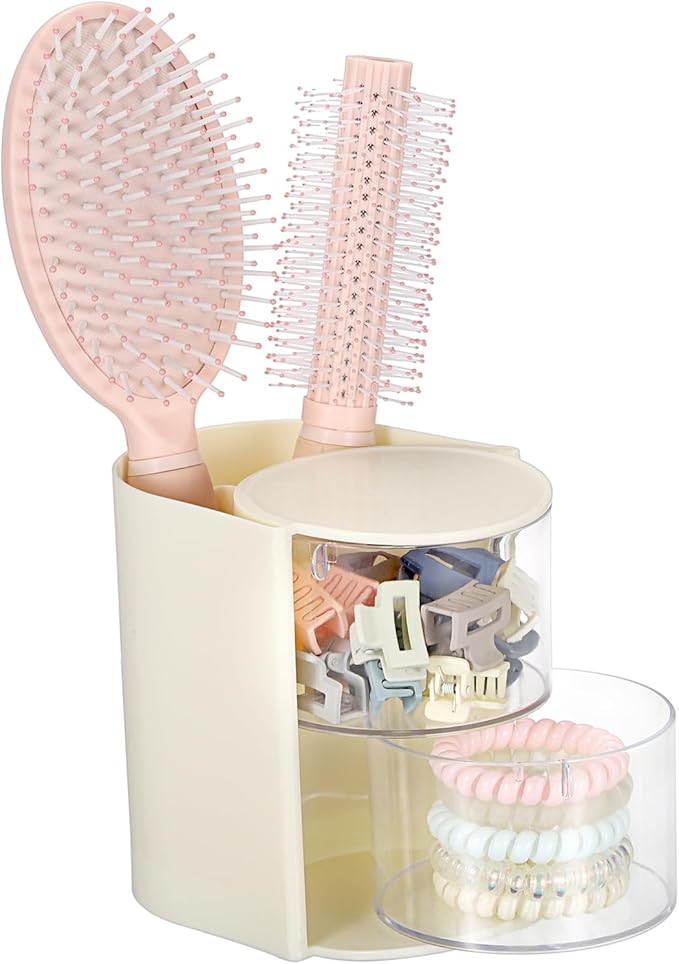 GUSHBIN Rotating Hair Accessories Organizer with Comb Holder Cosmetic Storage Case for Makeup Sponge Plastic Desktop Organizer, 2-Layer Yellow