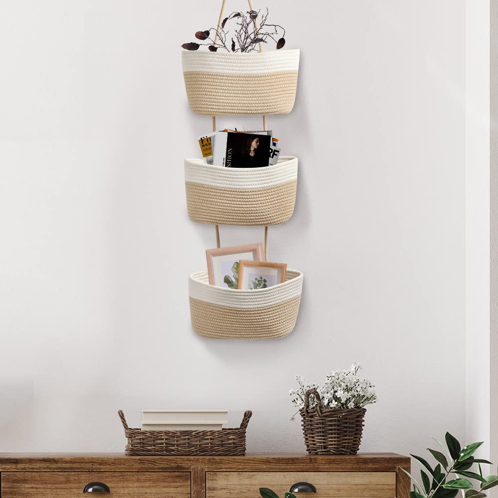 TeoKJ Over the Door Hanging Basket, 3-Tier Woven Cotton Wall-Mounted Storage Organizer Bag Decorative Hanging Nursery Baskets, White & Jute