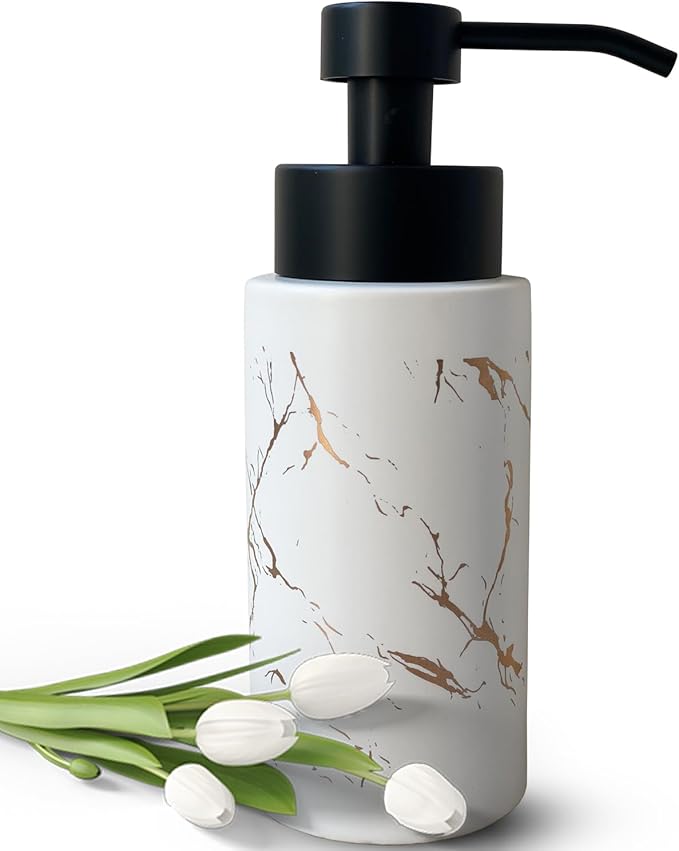9.5 Oz Foaming Soap Dispenser for Bathroom,Kitchen Foam Soap Dispenser,Refillable Modern Foam Pump Bottle,Black Ceramic Foaming Hand Pump Dispenser (White Marble)