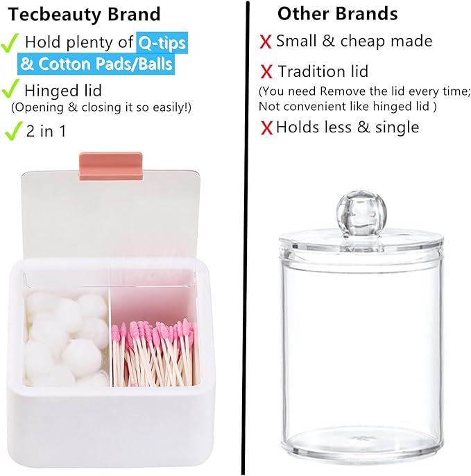 Tecbeauty 2 Slot Cotton Swab Ball Qtip Holder Jar Plastic Container Dispenser Box with Hinged Lid for Bathroom Home Storage Organizer