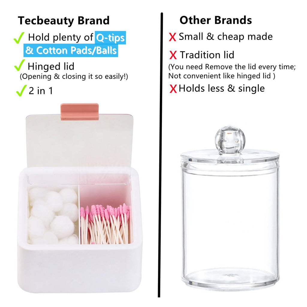 Tecbeauty 2pcs Qtips Holder - Middle Divider Cotton Pads Storage Dispenser Bathroom Organizer with Clear Hinged Lids for Cotton Balls Swabs Rounds-White & Blue