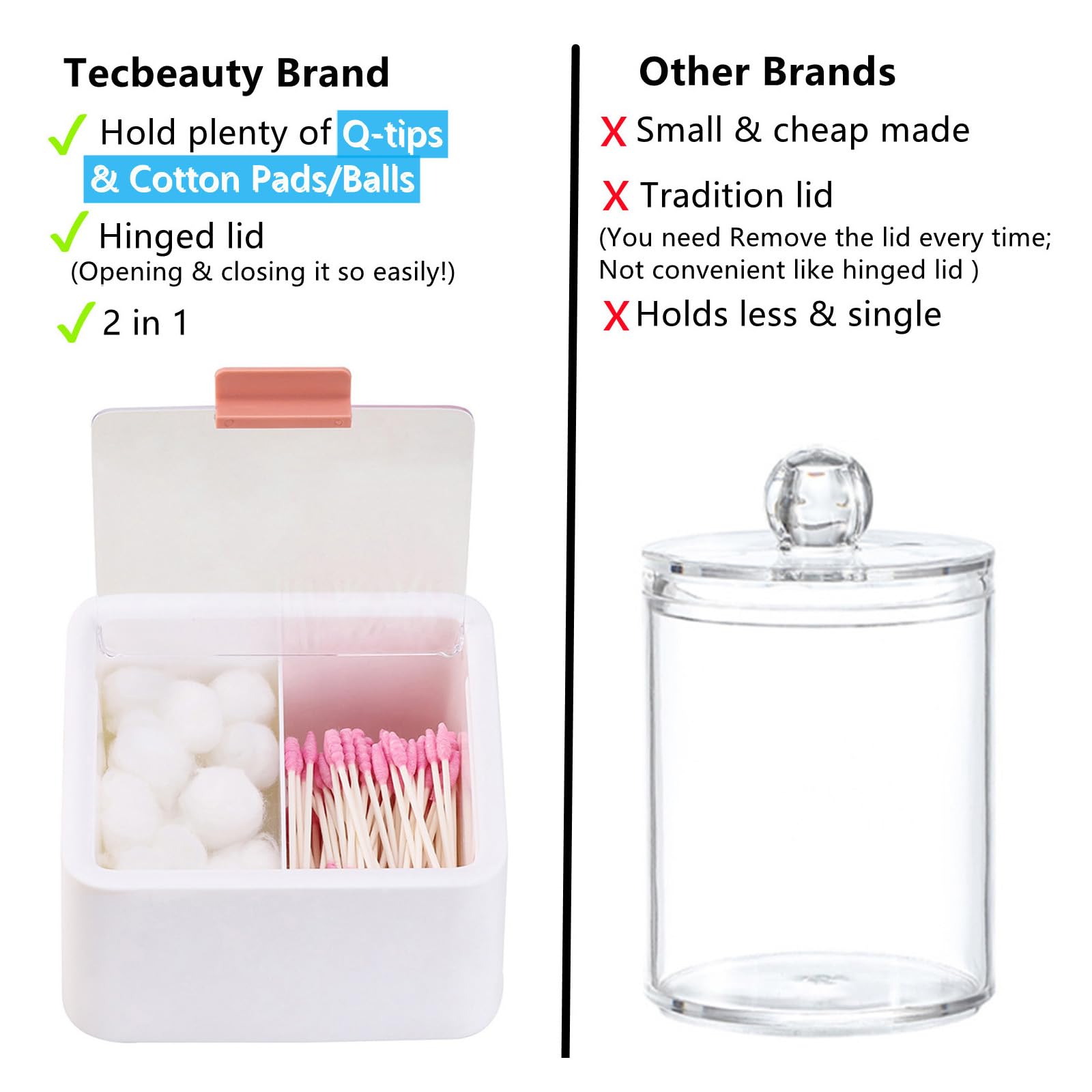 Tecbeauty 2pcs Qtips Holder - Middle Divider Cotton Pads Storage Dispenser Bathroom Organizer with Clear Hinged Lids for Cotton Balls Swabs Rounds-White & Blue
