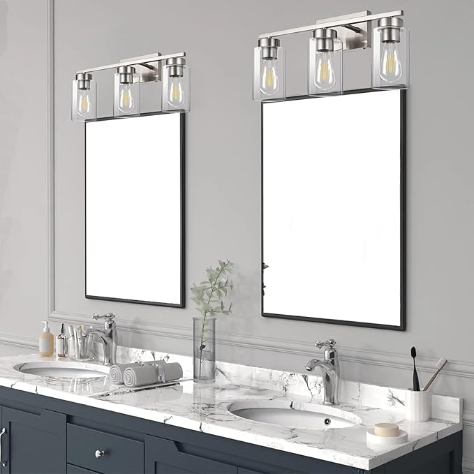 A1A9 3-Light Bathroom Vanity Light, Modern Brushed Nickel Wall Lights with Clear Glass Shades, Bathroom Wall Sconce Lamp for Mirror Living Room Bedroom Hallway