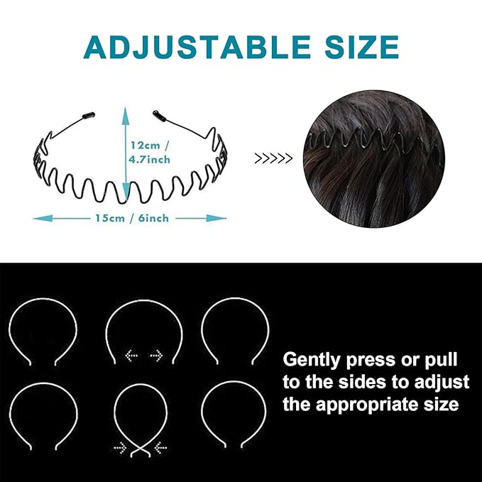 Metal Headband for Men, Adjustable Wavy Hair Band, Classic Wire 3 Pcs