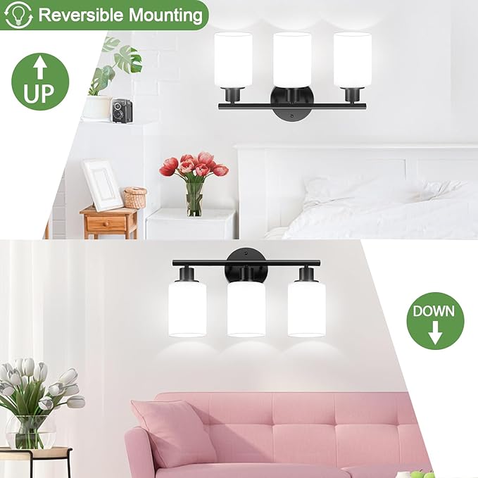 Zarbitta 3-Light Bathroom Light Fixtures, Black Modern Vanity Lights with Milky White Frosted Glass Shades, Bathroom Wall Lamp for Mirror Kitchen Living Room Hallway Cabinet Porch