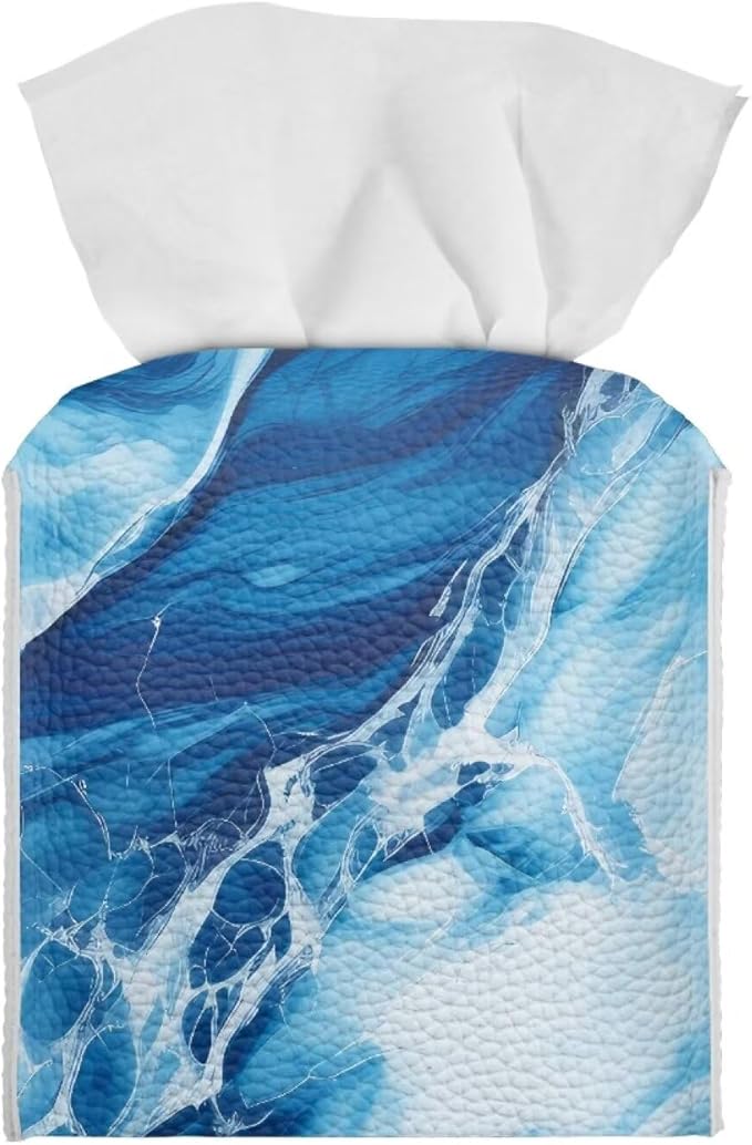 Blue Marble Tissue Box Cover Modern Square Tissue Box Organizer Decorative PU Leather Facial Paper Holder for Bathroom Vanity Countertop Bedroom Dresser Office Desk